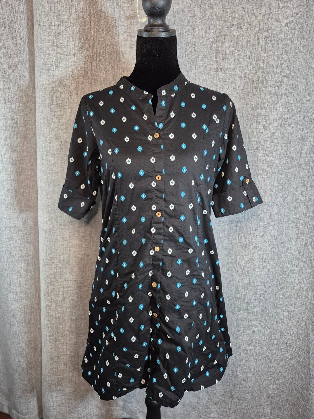 Fusion Black Blue Geometric Print Cotton Shirt Dress M Roll Tab Sleeve Boho